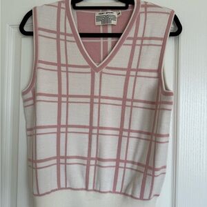 Tory Sport Women's V-Neck Sweater Vest in Pink and White Plaid